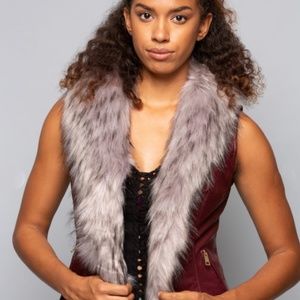 Vegan Leather Bow Vest with Faux Fur - Wine